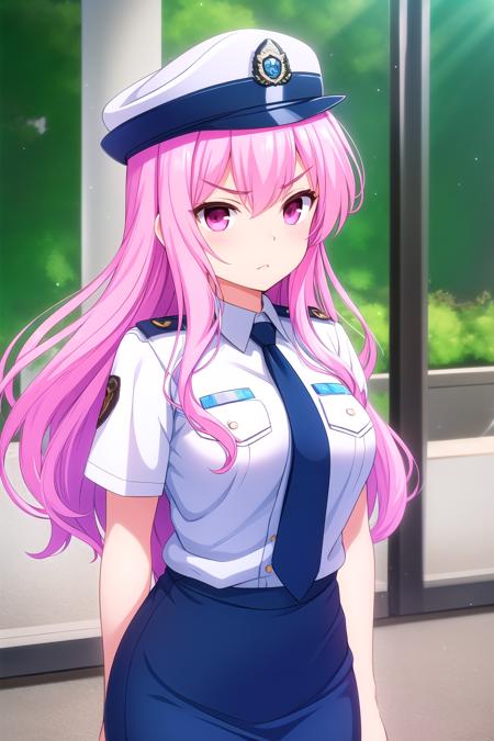 (masterpiece, best quality), highly detailed background, perfect lightingbest quality, kagamimatsuri, solo, outdoors, policewoman, police hat, blue headwear, pink hair, very long hair, long hair, v-shaped eyebrows, pink eyes, collared shirt, white shirt, blue necktie, <lora:GoodHands-vanilla:1>, blue skirt, pencil skirt, police uniform, closed mouth, >:(, pink lips, <lora:Kagami-Matsuri:0.7>