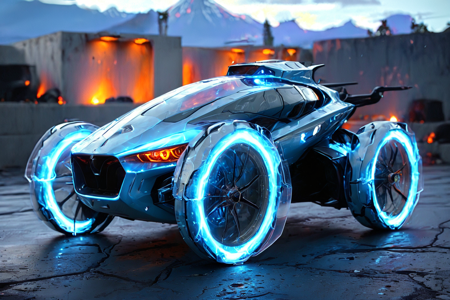 bioluminescent, a hoverbike with compact design, glowing thrusters, solo, holographic windshield, displaying data, futuristic garage, sleek tools, neon accents, detailed background, hovering above a volcano, glowing lava, floating platforms, portrait focus, close-up shot, a futuristic panel, glowing softly, on the car, best quality, rich colors, photorealistic style, high detail, high-definition, hyper-realistic, extremely high-resolution details, fine texture, incredibly lifelike, realistic, not fantasy, not anime, not drawing, highres, 4K resolution, source photo, realistic photo, masterpiece, best quality, amazing quality, very aesthetic, ultra-detailed, detailed surfaces, natural metallic tones, soft lighting, chrome blue, reflective finish, warm light, wide shot, <lora:Mystic_Lumina_r1-000007:1>