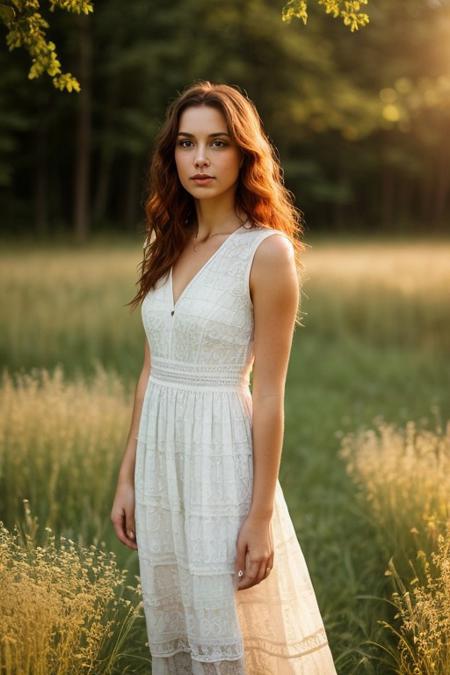 A realistic photograph of a young woman with long, wavy red hair standing in a sunlit meadow. She is wearing a light white dress with a delicate, subtle pattern. The scene is set outdoors in a lush green field, with the sunlight streaming through the trees in the background, creating a warm and dreamy atmosphere. The woman is looking directly at the camera with a calm and serene expression. The lighting is natural, highlighting her hair and the tranquil beauty of the surrounding landscape.
