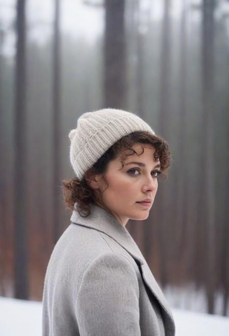 full body portrait, closeup, looking over shoulder, visible breath, 30 year old woman, brunette, short curly ponytail, (cheek and nose redness) ,natural skin, blemishes, looking away, full lips, brown eyes,, forest, mist, winter, snowing, freezing (cinematic, film grain:1.1, bokeh), gray coat, white shirt, wool hat, sunset,