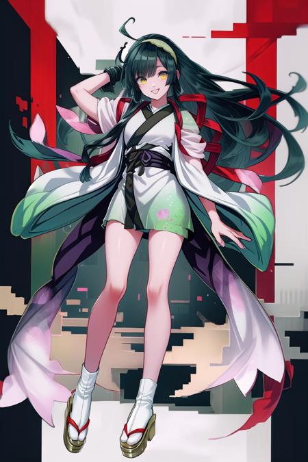 <lora:zunko7:1>, short kimono, muneate, sandals, long hair, ahoge, hairband, smile