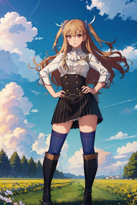 masterpiece, best quality,  <lora:gmuniform2-nvwls-v1-000009:1> gmuniform, blue thighhighs  <lora:alisa-nvwls-v2:0.8> alisa reinford, two side up, looking at viewer, furrowed brow, contrapposto, standing, smile, field, sky, clouds, school building