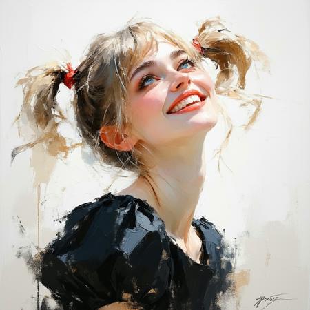 A cherubic 25 year old woman with windblown ash-blonde pigtails and blunt bangs obscuring her brows gazes warmly from an intimate, upward angle, her coral lips parted in a shy, blushing smile. Rendered in oil’s lush impasto with Yoshitomo Nara’s tender whimsy and Monet’s hazy pastels—blush pinks bleed into powder blues across her velveteen cheeks. Diffused light caresses stray gilt hairs framing azure eyes, while faint indigo ink rivulets seep through the ivory backdrop, contrasting the crisp black dress matte folds.