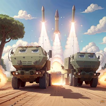 disney pixar cartoon of a HIMARS launching rockets, cars movie, movie promo poster <lora:himars16-v1-step125:1>