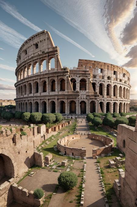 landscape, thecolosseum at dawn, group of roman army, gladiator, epic, fog, stone, ornament, ornate, details, dim light, mountain,  advntr   <lora:ARWTheColosseum:1>