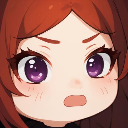 close up,chibi girl,purple eyes,red hair,,huh face,  <lora:HuhFace:1>