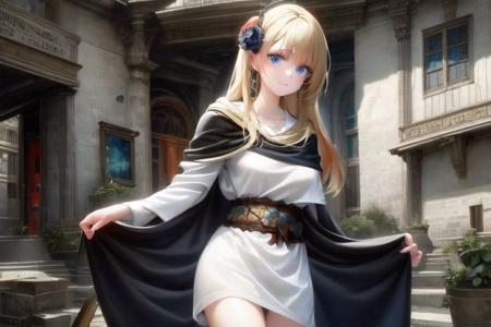 at historical town; solo, waifu with blonde hair, blue eyes, white dress and black cape; exceptional, best aesthetic, new, newest, anime; golden ratio, perspective; painting by John William Waterhouse