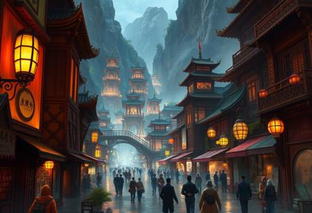 "view of the bustling main street, inside of the walled fantasy city of shangri-la, which is nestled at the heart of a fictional floating mountain range. The city is in equal parts wondrous and dangerous, where wild boas and pythons are only some of the hazards of daily life." (concept-art painting), evocative color palette,