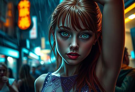 score_9, score_8_up, score_7_up,  masterpiece, perfect face, perfect eyes, dramatic lighting, Expressiveh, dynamic angle,
BREAK,
1girl, stunning 18yo, detailed eyes, green eyes, beautiful eyes, beautiful face, full lips, long red hair, medium breasts, earrings,
BREAK,
wet hair, wet dress, short skirt, one-piece glittery party  dress,
arms up, arms tied above head, 
afraid, scared, tears, 
BREAK,
in a dark alley, raining, neon lights, crowd,