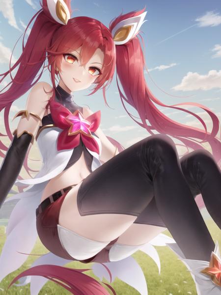 grass, sky, field, star guardian jinx, jinx \(league of legends\), star guardian \(league of legends\), league of legends, red neckwear, highres, 1girl, alternate costume, alternate hair color, alternate hairstyle, bare shoulders, belt, black gloves, black thighhighs, bow, elbow gloves, fingerless gloves, gloves, hair ornament, lipstick, long hair, magical girl, makeup, red bow, red eyes, red hair, red lips, short shorts, shorts, solo, thighhighs, twintails, very long hair, <lora:star_guardian_jinx-000027:1>