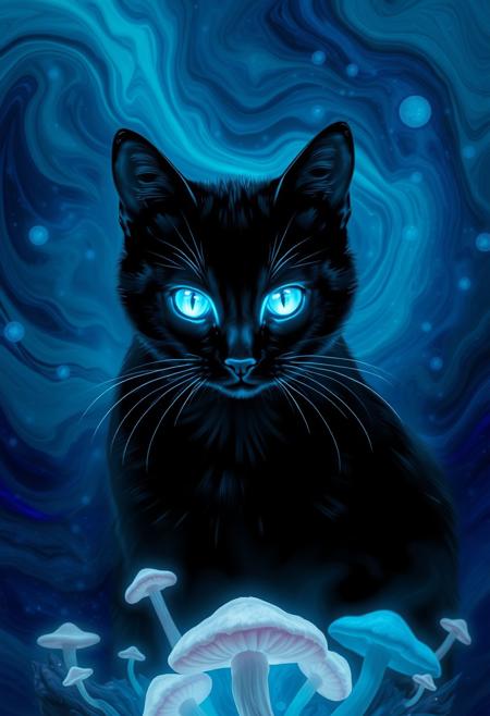 Highly detailed glowing blue ethereal ghost like black cat with glowing white eyes.  Swirling background composed of rich blues, teals, and purples, suggesting a mystical or cosmic environment. The backdrop appears almost liquid, with the colors merging and flowing into one another, creating a dreamlike, ethereal atmosphere. Below the cat, abstract, mushroom-like forms and organic shapes emerge, enhancing the otherworldly feel of the image. The cat’s bright, piercing eyes draw attention, making it the focal point of this enchanting and mysterious scene, as if it exists within a magical or alternate dimension.