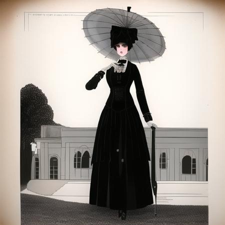 <lora:fashionplate:1> fashion plate, victorian, 1870s, day dress, black and white, 1girl, solo, outdoors, holding umbrella, hat, coat