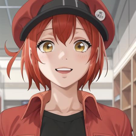 (masterpiece, best quality:1.2),illustration,8k,hd,1girl,upper body,(portrait:1.2),solo,red hair,hat,smile,short hair,yellow eyes,ahoge,red headwear,red jacket,black shirt,denim shorts,white gloves,red footwear,black socks,red belt,cropped jacket,<lora:Red Blood Cell-V1:0.9>,