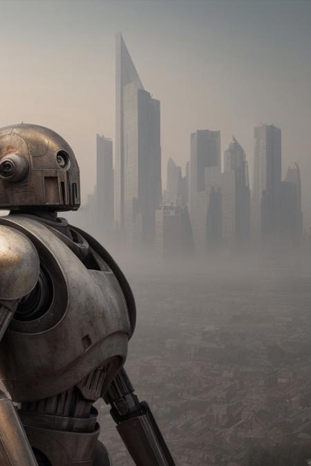 front side view, close-up, fantasy art, surrealism, grim, photorealism, hyger, a row of giant droids standing on a city wall, smog, epic, monumental, cinematic, mesmerizing, fine detail, close-up, dynamic, high detail, HDR, ultraHD, photorealistic