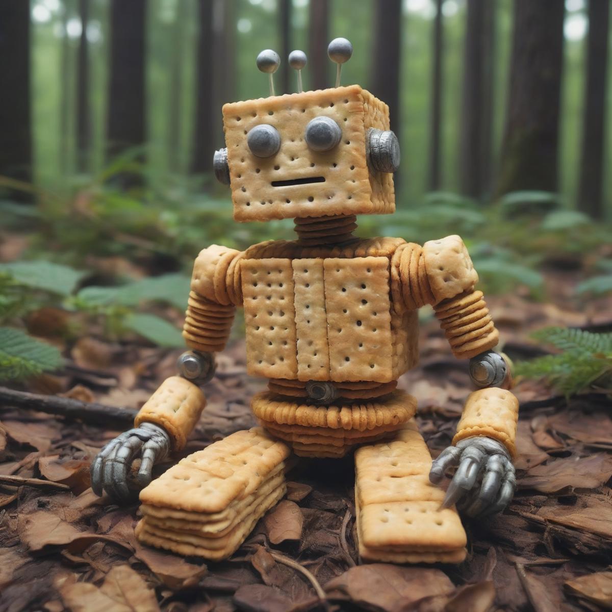 A robot made of Oreos and cookies sitting on a pile of leaves in the woods.