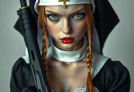 (ultra realistic 8k cg, raw photo:1.0), (photorealistic:0.5), (best (full-body portrait +.1.6)))) quality:1.3), (masterpiece:1.3), ((((ultra-realistic details, extremely details, sharp focus, high res, (((far shot, wide shot, vanishing point))), 1girl, (disgust:1.2, shaded face, glare, sadist, shadow fullbody portraitover eyes, glaring, looking down at the viewer:1.3), (conservative), ((wear sexy nu mini skirt)), (black dog collar with spikes), (black fishnet strap stockings, black  shirt, (white decoration white lingerie sexy lace, red lips, (black luxury high heels makeup, picture-perfect detail face, highly detailed eyes, (blue eyes), ((looking at the viewer)), ginger hair, long twin braids, nun headwear with the cross of Jesus emblem, sexy n7n 8s armed with a katana sword and uzi submachine gun, both with ca5holics insignia emblems in golden color