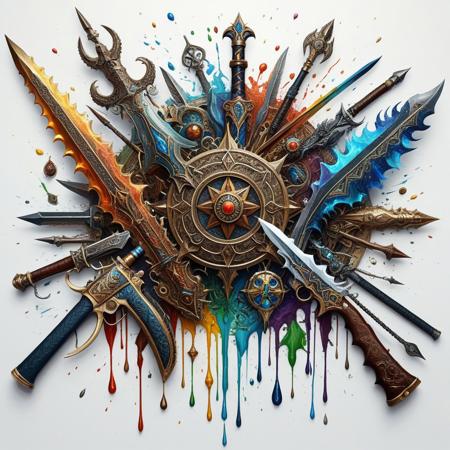 Finely detailed vector illustration. assortment of legendary weapons, ultra realistic quality,circle symbols,white background, oil painting, hyperdetailed, intricately detailed,  triadic colors,fantastical,intricate detail,splash screen,complementary colors, fantasy concept art, 8k resolution, masterpiece,oil painting,heavy strokes,paint dripping.
