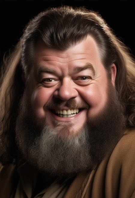 A medium 40mm funny portrait of Robbie Coltrane as hagrid smiling, hyper realistic cute photo with no background, dark brown library  background, looking at viewer, looking down, from below, close-up, (detailed facial features:0.2), high quality, professional photo, 28mm, (intricate detail), ((incredibly detailed skin:0.38)), Surreal Harmony, cinematic, lighting, 8K, HDR10, analog,