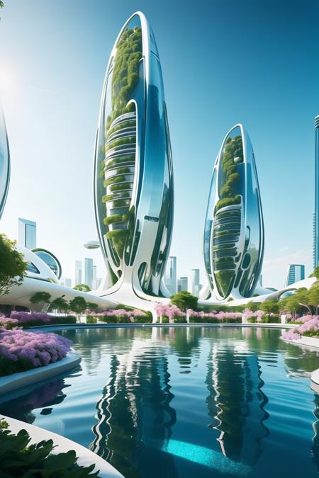 (masterpiece),(high quality), best quality, real,(realistic), super detailed, (full detail),(4k),8k,scenery, sky, outdoors, day, building, water, blue sky, river, boat, reflection, flower,tree,bush,grass, aircraft,
((Futurism Building)),
 <lora:JJsFuturismBuilding:1>