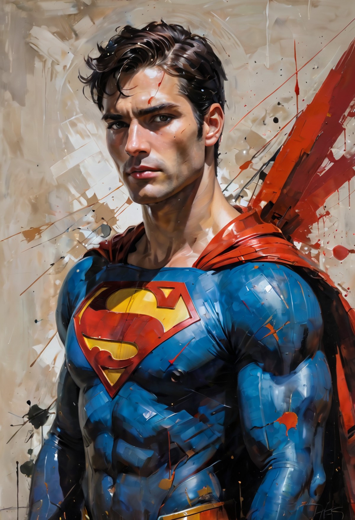 abstract expressionist painting Contemplate the larger-than-life persona of Superman as envisioned through the provocative...