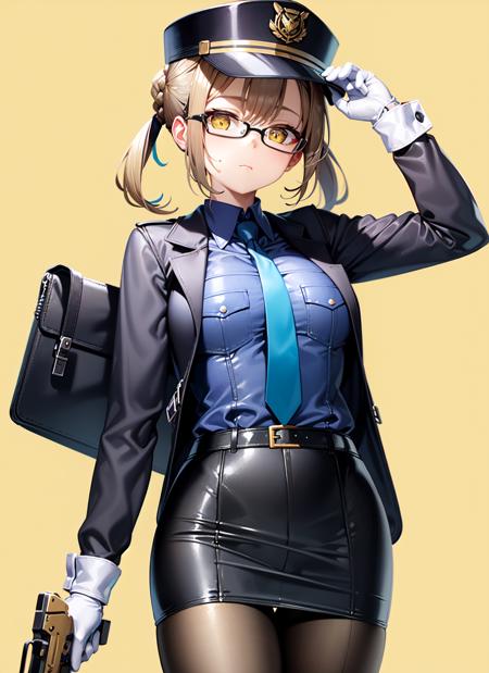 1girl, police, police uniform, pantyhose, uniform, policewoman, skirt, solo, glasses, necktie, gloves, hat, blue shirt, shirt, weapon, looking at viewer, white gloves, yellow background, black pantyhose, belt, police hat, pencil skirt, short sleeves, breasts, twin braids, simple background, handcuffs, gun, cuffs, blue skirt, twintails, medium breasts, holding, pocket, miniskirt, bag, collared shirt, black skirt, black-framed eyewear, handgun, blue headwear, arm up, alternate costume, light brown hair, blue necktie, shirt tucked in, closed mouth
<lora:FGOMHXAV2:0.7>