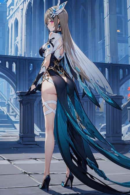 ultra high res,masterpiece,best quality,
1girl,<lora:Vita-[H]:0.6>,vita,long hair,hair ornament,earrings,asymmetrical legwear,thigh strap,asymmetrical sleeves,single glove,multicolored dress,high heels,very long hem,from behind,ass,