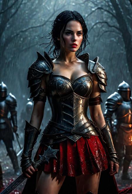 Ultra detailed digital art masterpiece Warrior Snow White girl dressed in a iron Armor and red mini skirt, Standing on a battlefield at the head of an army of knights, where a bloody slaughter is taking place, standing in battle pose, a dark epic fantasy, perfect lighting, beautiful Brett Cooper as Warrior Snow White girl, attractive woman, elegant, beautiful woman of athletic body, epic shot of the whole Warrior Snow White girl, unreal engine 5 nanite quality, dark fantasy, dark environment, very stormy day, LOTR style, dark washed out eyeliner, no make up, natural bloody pale face, realistic brown eyes, ultra detailed atmospheric details, beautiful glowing effects, sparkle effects, realistic body proportions, beautiful face proportions, complex masterpiece, wavy raven black hair, creative glowing detailed tattoos, complex physics, enhanced colors, complimentary colors, ultra detailed raytracing reflections, Ultra detailed complex background, environment feels alive, direct eye contact, dramatic lighting, wet and sweaty skin, beautiful firm Breasts, Daylight, Concept art by Greg Rutkowski, adding to the intense and dynamic atmosphere of the scene.