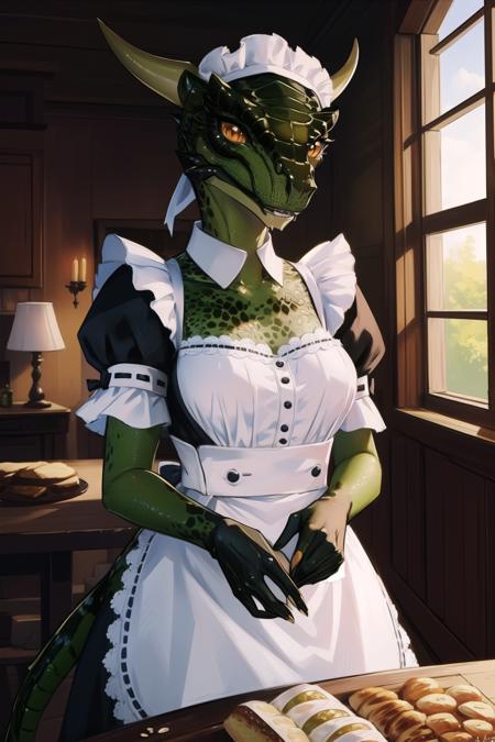 anime, hdr, soft light, ((best quality)), ((masterpiece)), (detailed), <lora:LustyArgonian_7_10:0.9> lustyargonian, 1girl, maid, colored skin, green skin, maid headdress, tail, horns, (scales:1.2), (snout, animal nose:1.1), (looking at viewer:1.1), table, bread