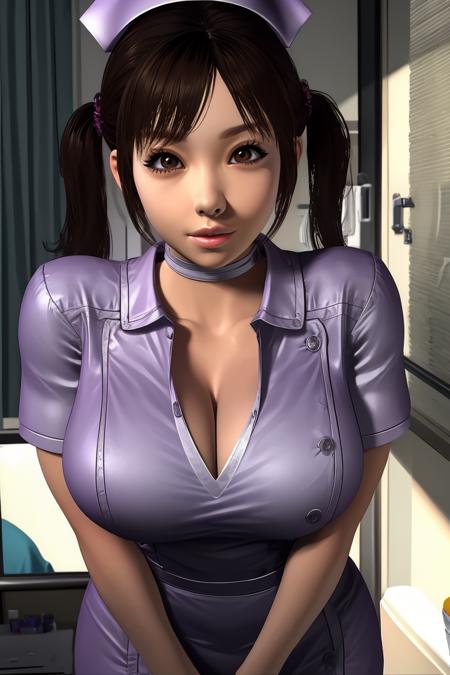 Ai,brown eyes,brown hair,twintails,bangs,
nurse cap,nurse, cleavage, 
standing,
hospital room,
(insanely detailed, beautiful detailed face, masterpiece, best quality),solo,<lora:AiKoyanagi:0.8>,