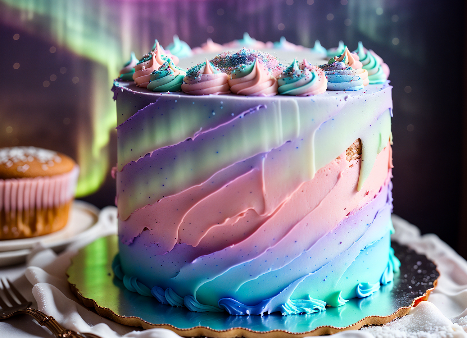 50mm f/2 (photo:1.2); an amazing gourmet (long custom aurora-themed cake covered in (frosting):1.2), (cozy modern bakery b...