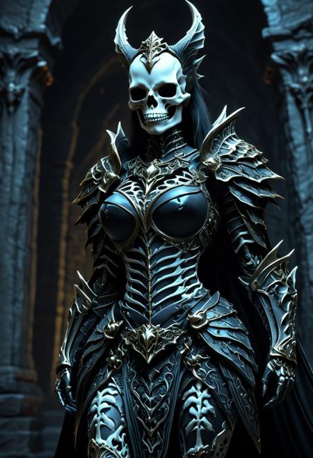Depict a skeleton bat anthropomorphic female queen, embodying both elegance and warrior prowess, clad in dark, intricately detailed armor within a moonlit tomb. Draw inspiration from the Dungeons and Dragons art style, ensuring a high-resolution, ultra-high-definition (UHD) or 4k quality image with deep colors and high contrast for stunning visual appeal.