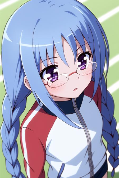 masterpiece, best quality, absurdres, cute, extremely detailed face, perfect lighting, <lora:ro-kyu-bu_v7-000018:0.6>, 
nagatsuka saki, 1girl, solo, long hair, blush, glasses, twin braids, track jacket, from above, looking up