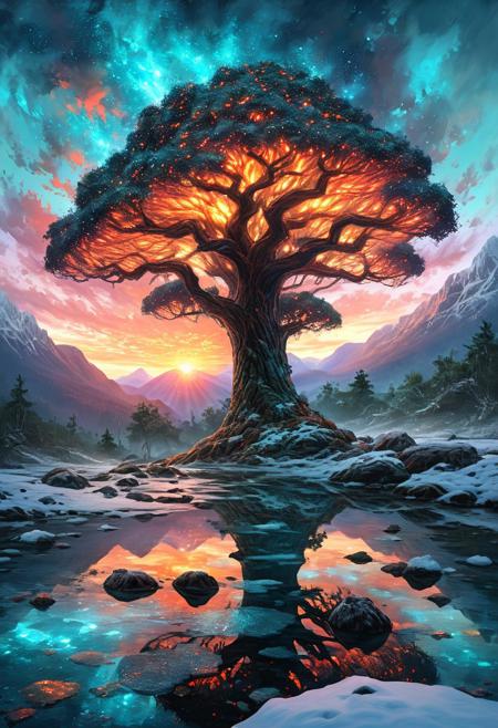(by Ellen Jewett:1.5), (Fiery Bioluminescent Impressionism, mountain landscape, The Dreamland, Gibson Great  Mountains, rock, sky, giant tree, great grand tree on mountains, great magical tree, sunset, sunrise , stream, snow and ice, ethereal landscapes, depth of field, biotech emotion:1.3) <lora:xl_more_art-full_v1:0.5> <lora:add-detail-xl:1> <lora:RMSDXL_Creative:2>