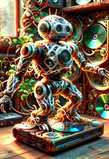 auralora, Fractangles, ral-frctlgmtry, fractal-flame, fractalex, fractalvines, PG-TR. A nostalgic scene: A (brass white vintage very very cute CD player robot, dancing, playing the title roots4my_vine:1.5) sits atop a dusty wooden shelf, glowing from inside, motionblur, surrounded by stacks of worn-out jewel cases, each containing a prized collection of CDs. The warm glow of a retro lamp made from fractal vines casts a soft light on the cluttered space, as if illuminating the memories of a bygone era. In the foreground covered in fractal vines, a few select CDs are arranged in a deliberate pattern made of cd's made out of fractangles, like a fractal, symbolizing the beauty and complexity of the music that once filled these discs. Sharp details, looking at the viewer, good mood, cheerfulness, natural light, smooth details, one ray of light
