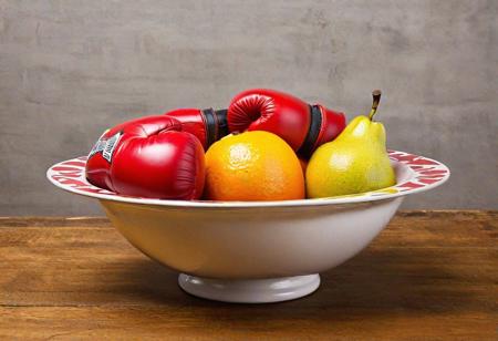 Fruit 'Punch' Bowl:
    Illustrate a bowl filled with various fruits, each wearing boxing gloves and engaged in a playful "punching" match.
