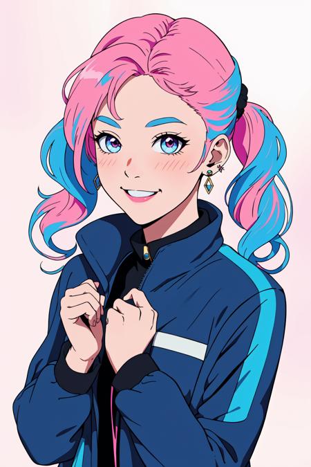 looking at viewer, blush, smile, bangs, long sleeves, twintails, jewelry, blue hair, jacket, upper body, pink hair, multicolored hair, earrings Best_QualityPos