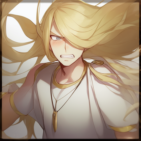 1boy, blonde hair, long hair, floating hair, hair over one eye, grey eyes, necklace, bare shoulders, short sleeves, white shirt, green pants, bracelet