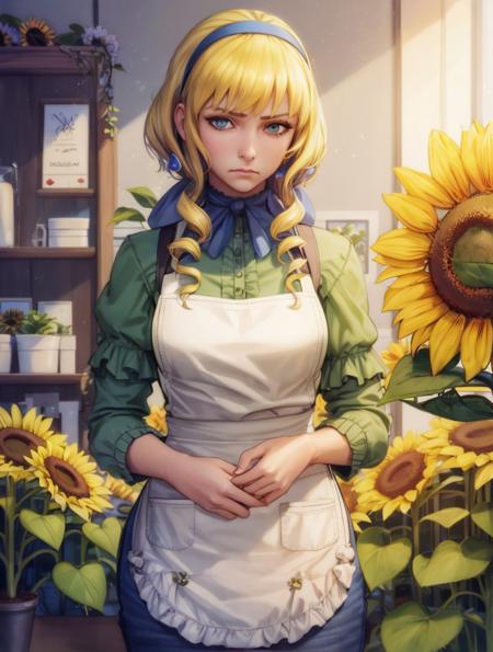 masterpiece, realistic, best quality, constance_academy, hairband, green shirt, jeans, apron, looking at a sunflower, sad, shadowed face, indoors <lora:constance-nvwls-v2-000015:0.9>