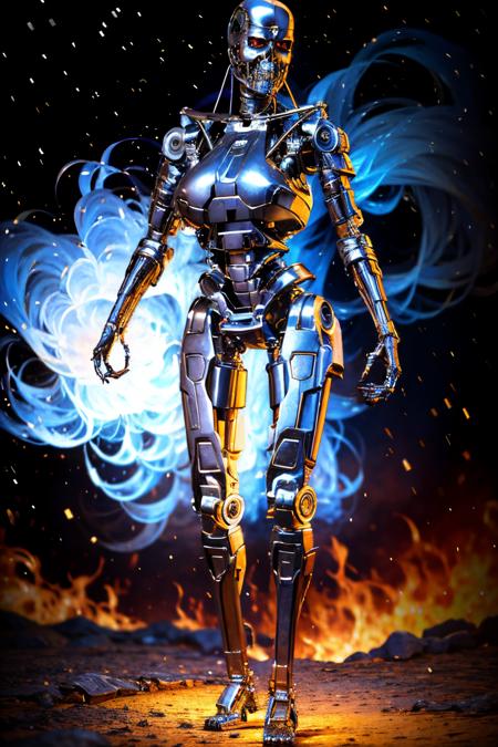 explosions in the background, night sky, full body shot (Realisitc:1.5) woman terminator, gigantic breasts, <lora:EdobTerminatorFemale_v1.0:0.8>