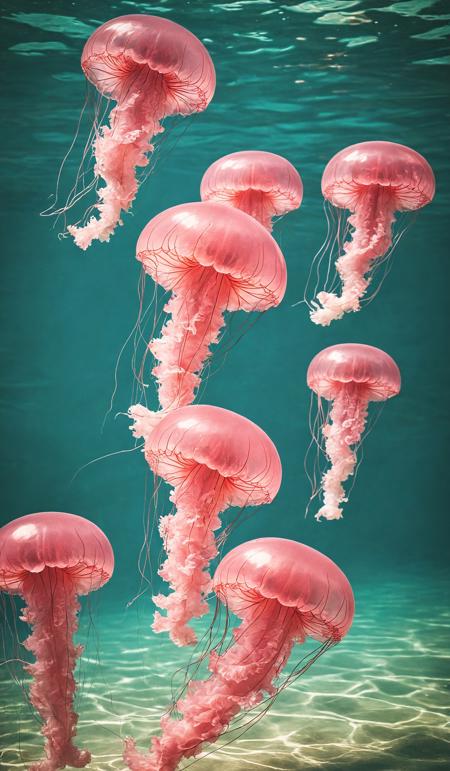A serene group of pink jellyfish floats gracefully in the calm turquoise waters, their delicate tentacles trailing behind them like intricate lace. Dramatic unusual scene. Beauty world. Retro filter and vintage style. Instagram toning effect, breathtaking photograph.