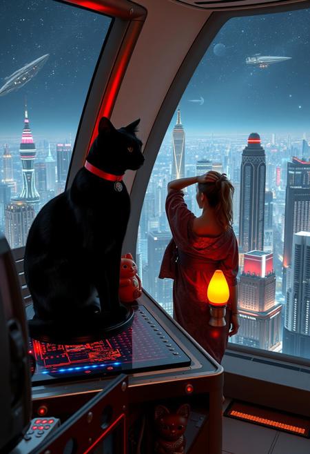 A sleek black cat with red collar sits on a cluttered metal riveted desk with transparent top and rgb led computer components visible inside, On the desk are a maneki neko statue and a lava lamp, the Black Cat is looking out of a seamless and futuristic floor to ceiling window that looks out at thousands of enormous wide and tall futuristic skyscrapers from a large window in a descending spaceship, (((a beautiful woman, 24 years old, is standing next to the cat looking at the city is stretching with arms behind her head, the view out the window is an enormous city at night composed of enormous buildings of varying futuristic art deco design, the city filled with buildings of many shapes and sizes, some over a mile tall))), the woman is dressed in an ornate Japanese style bath robe. An enormous deco starship with futuristic lighting and design is visible high above the city, and a space station is visible in the background among the stars, The woman's hair is messy from just waking up and tied up with a ribbon. Artistic cyberpunk, dynamic perspective, (((overall architectural aesthetic is Art Deco Cyberpunk))).  (((A large futuristic building shaped like a torii gate stands among the enormous tokyo structures,)))