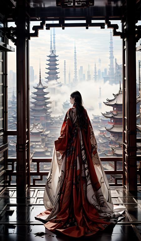 (dramatic, gritty, intense:1.4),masterpiece, best quality, 32k, insane details, intricate details, hyperdetailed, hyper quality, high detail, ultra detailed, Masterpiece, elaborate Hanfu(red Hanfu:1.4)(Chinese architecture:1.5)red
1 girls, smokefogA high fashion model, in an elaborate Hanfu designed by Alexander McQueen, stands amidst a bustling metropolis' futuristic architecture. This full body shot for Vogue, captured by Andreas Gursky, melds tradition and modernity
<lora:~Q?-[lIg
:0.9>