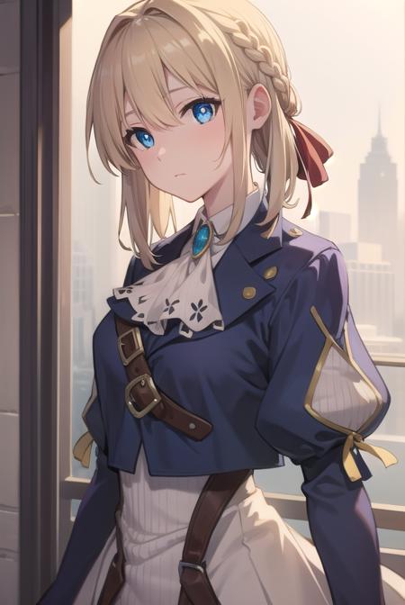 violetevergarden, <lora:violetevergardentest:1>,
violet evergarden, blonde hair, blue eyes, hair ribbon, ribbon, short hair, braids, hair braids, red ribbon,
BREAK blue jacket, brown gloves, cropped jacket, dress, gloves, green brooch, jacket, juliet sleeves, long sleeves, puffy sleeves, white dress,
BREAK looking at viewer,
BREAK outdoors, city,
BREAK <lora:GoodHands-vanilla:1>, (masterpiece:1.2), best quality, high resolution, unity 8k wallpaper, (illustration:0.8), (beautiful detailed eyes:1.6), extremely detailed face, perfect lighting, extremely detailed CG, (perfect hands, perfect anatomy),