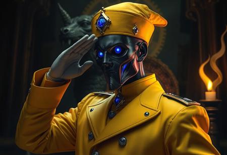 "Create a high-definition, lifelike image of a magician of Black Chaos, incorporating the golden ratio and a dark magic ritual background with a cyclops. The magician should be saluting, with a yellow magic theme and blue accents. Presented in a headshot, half-figure perspective, the magician should be in full uniform with a mono-yellow color scheme and a serpentine pose. The final product should be suitable for use as an app icon, with intricate details and trending on ArtStation, available as a wallpaper with the resolution of
