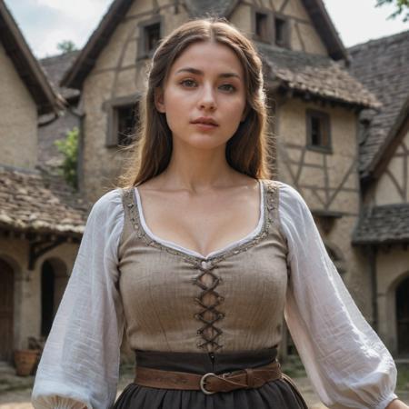 centered, wide shot photo, from below, beautiful woman peasant, perfect breasts, round breasts, medieval tunic, fantasy village
