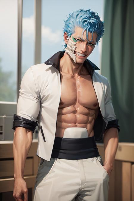 (masterpiece, best quality:1.2), <lora:bleach_jaegerjaquez-10:1>, cowboy shot, solo, male focus, 1boy, grimmjow, muscular, pectorals, grin, looking at viewer, hand in pocket, open clothes, jacket