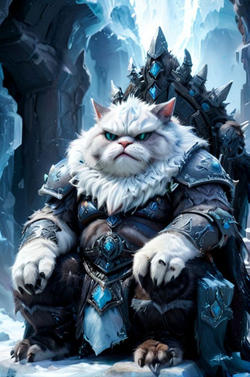 A white and gray cat dressed in armor and wearing a collar.