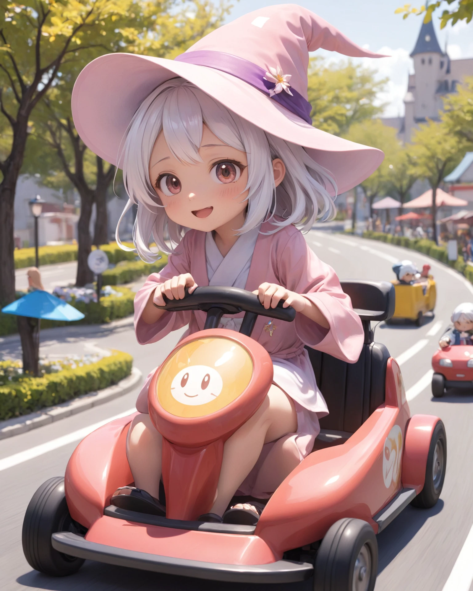 A Little Girl Driving a Cart with Smiling Face on It