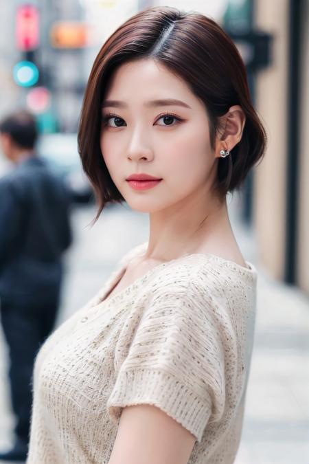 a woman, (realistic), (hyperrealism), (photorealistic), depth of field, eye makeup:0.5, (upper body:1.2), (narrow waist:0.7), looking at the viewer, casual outfit, at the city streets, <lora:httpminju:0.45>