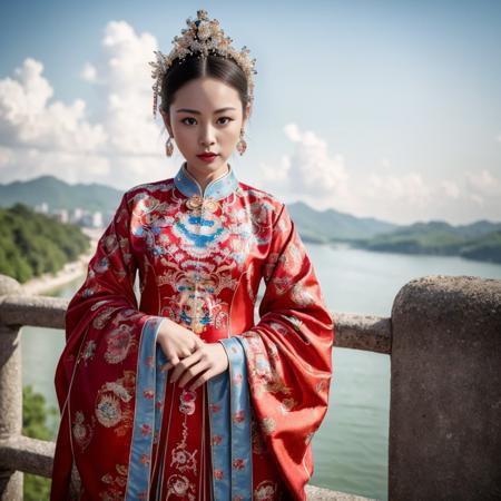 (8k, RAW photo, best quality, masterpiece:1.2), (realistic, photo-realistic:1.4), ultra-detailed, (Internet celebrity beauty),perfect detail ,  make up,(full body shot:1.2),China Jiangnan water town style, (cloud),zshs, a woman in a red and blue dress and a crown,<lora:zshs-10:0.8>